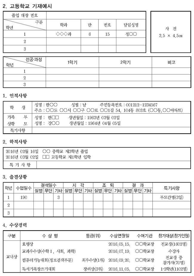 2016 고등학교 학교생활기록부 기재 예시[2016년 학생부 기재요령][학교생활기록부] - 학원멘토 자유게시판 내용